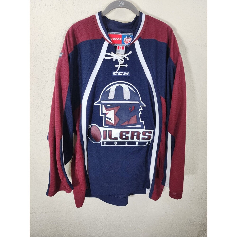 CCM Men Tulsa Oilers ECHL Hockey Jersey Large Polyester Navy Maroon Lace Up